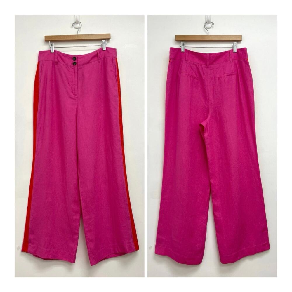 Boden Westbourne 100% Linen Wide Leg Pop Pansy Red Tuxedo Stripe Trousers 12R - Picture 11 of 11